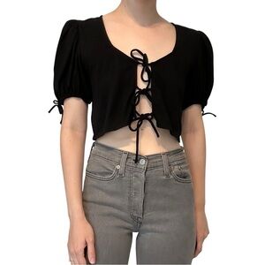 Free People Puff Sleeve Top Tie Front Black Boho Summer Cotton Size Small
